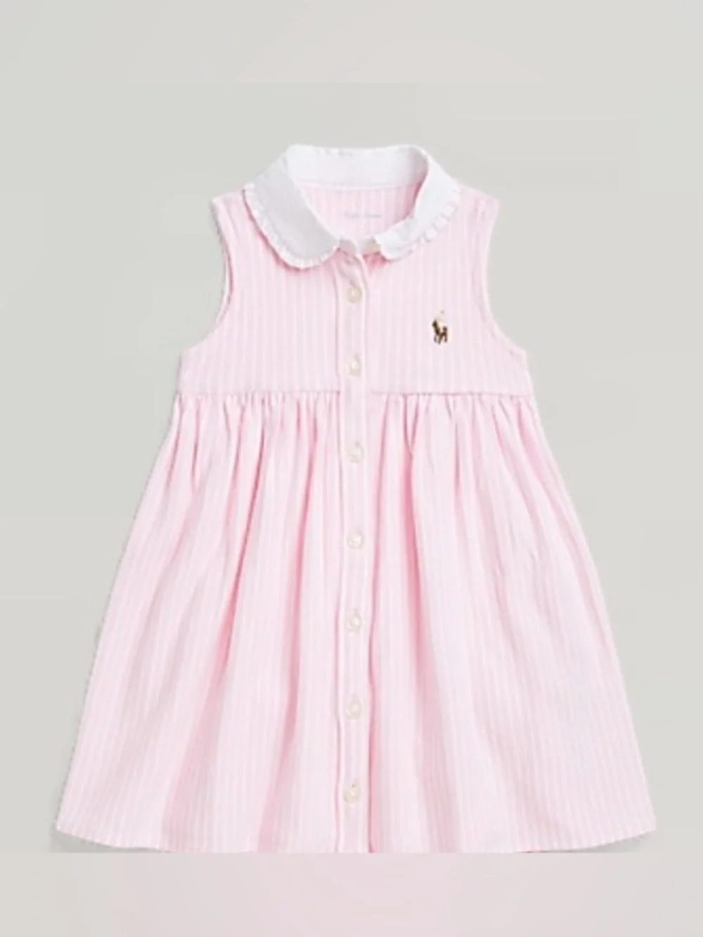 Ralph Lauren Pink and White Striped With Trim Ruffles Collar Oxford Baby Dress